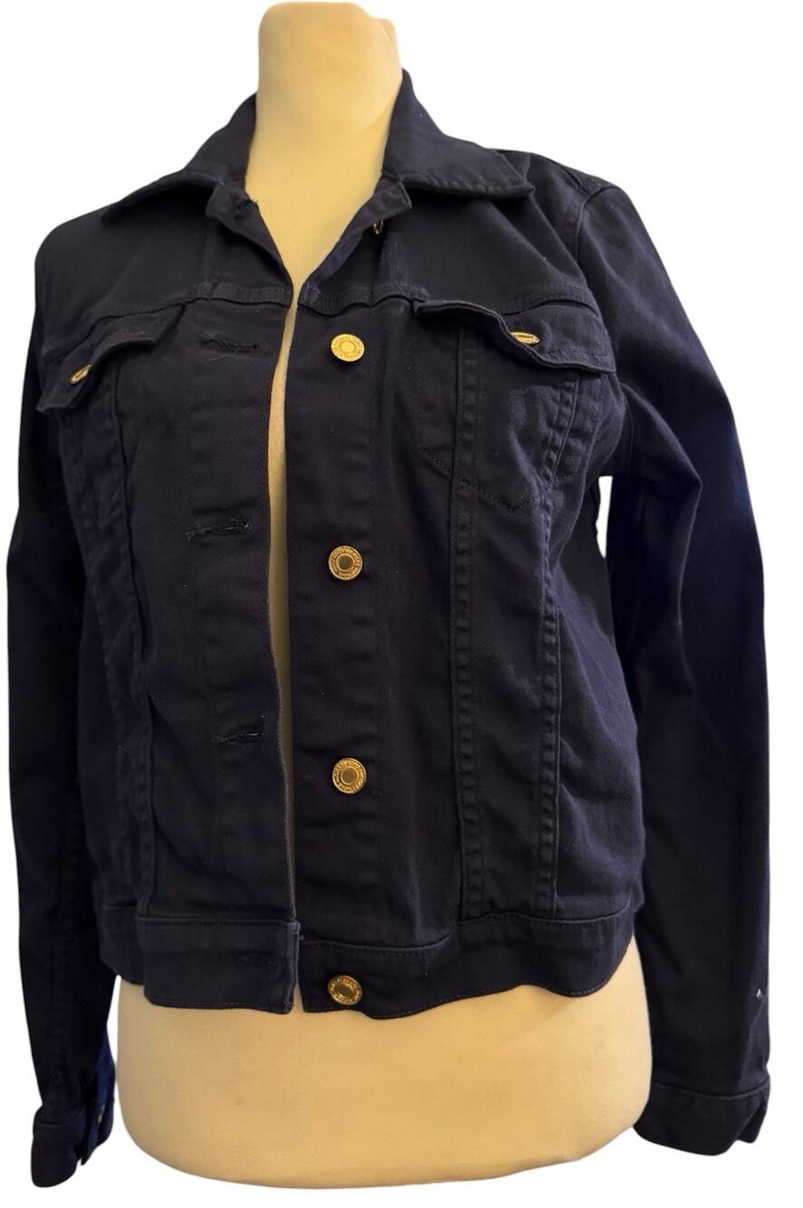 MICHAEL Michael Kors Navy Stretch Denim Trucker Jacket, Gold Button, Medium